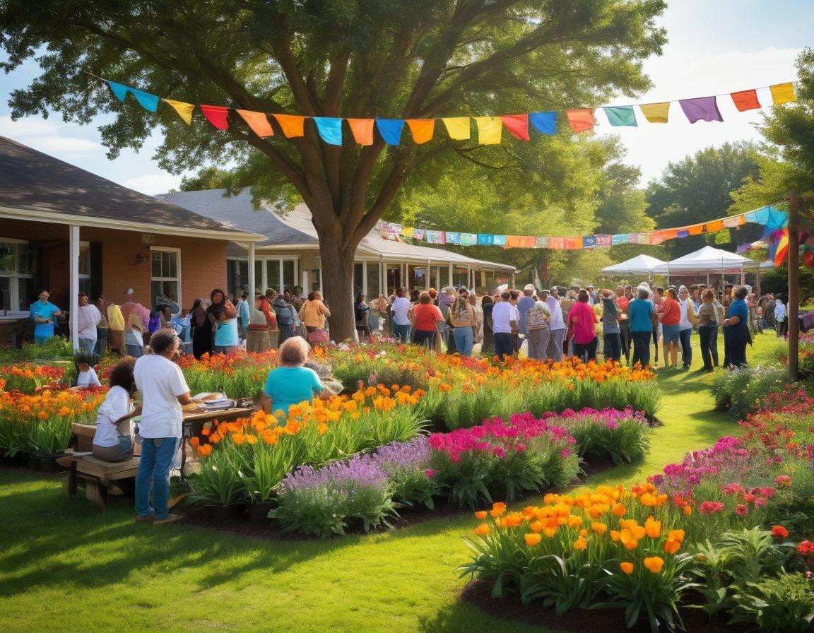 A vibrant community gathering with diverse individuals joyfully engaging in various initiatives such as gardening, art, and music, symbolizing the transformation of unclaimed funds into positive outcomes. Include colorful banners promoting community spirit and collaboration, lively outdoor settings, and smiling faces to evoke a sense of happiness and togetherness. The scene should be illuminated by warm sunlight to enhance the joyful atmosphere. super-realistic. vibrant colors. outdoor setting.