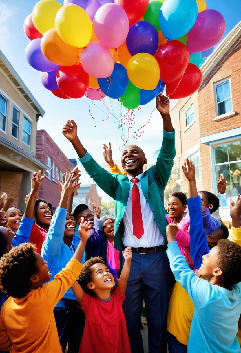 A vibrant scene depicting a diverse group of people joyfully receiving unclaimed funds, symbolizing community happiness and philanthropy. Include elements like colorful balloons, smiling families, and a community center in the background. Depict a sense of unity and celebration, with hearts and light rays shining from the funds. super-realistic. bright colors. uplifting atmosphere.