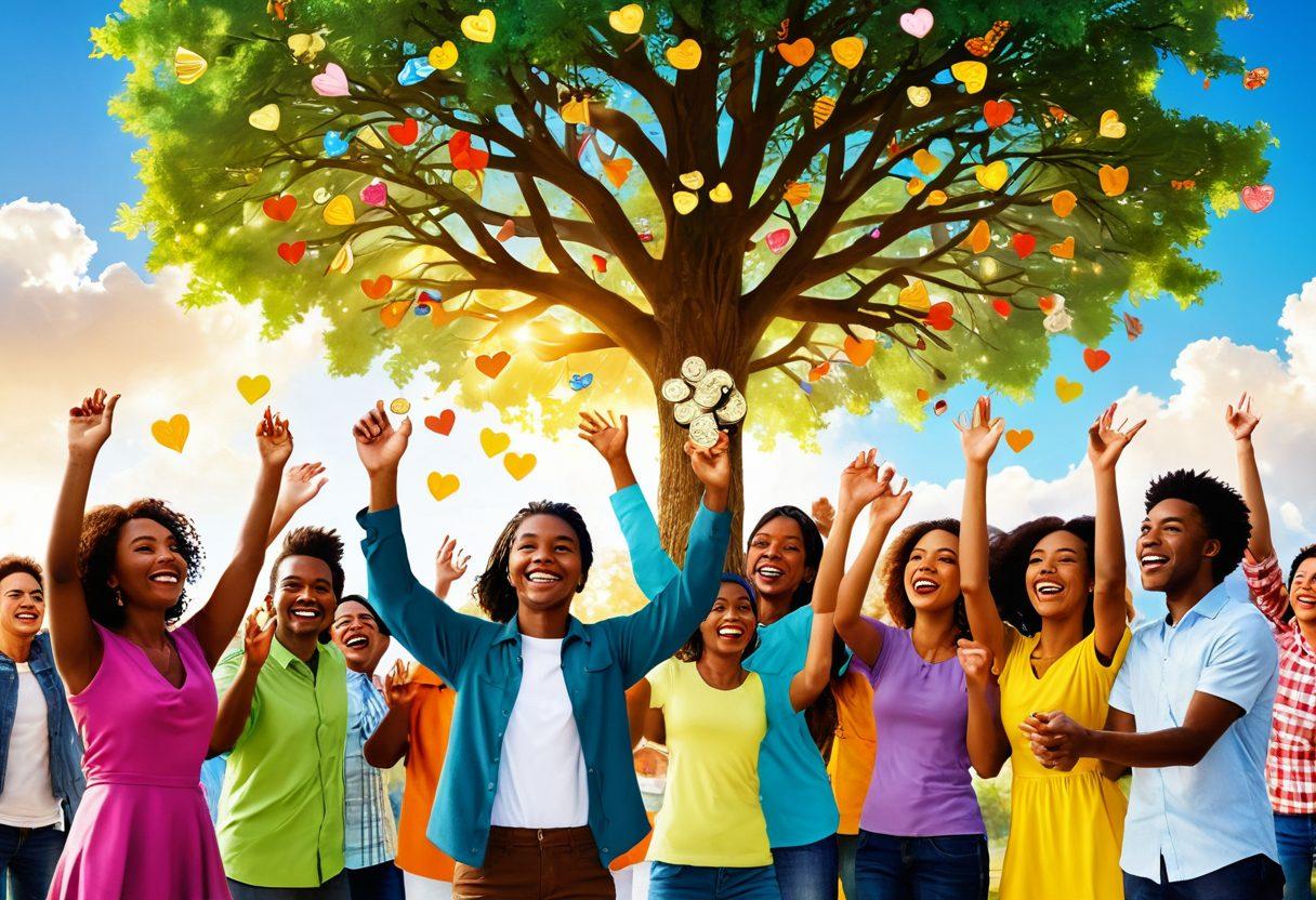 A vibrant scene depicting a diverse group of people joyfully receiving unexpected unclaimed money, with smiles and excited expressions. In the background, a large, glowing tree symbolizes growth and prosperity, adorned with shining coins and bills. Rays of sunshine filter through clouds, creating an uplifting atmosphere. Whimsical elements, like floating hearts and dollar signs, emphasize happiness and generosity. bright colors. 3D.
